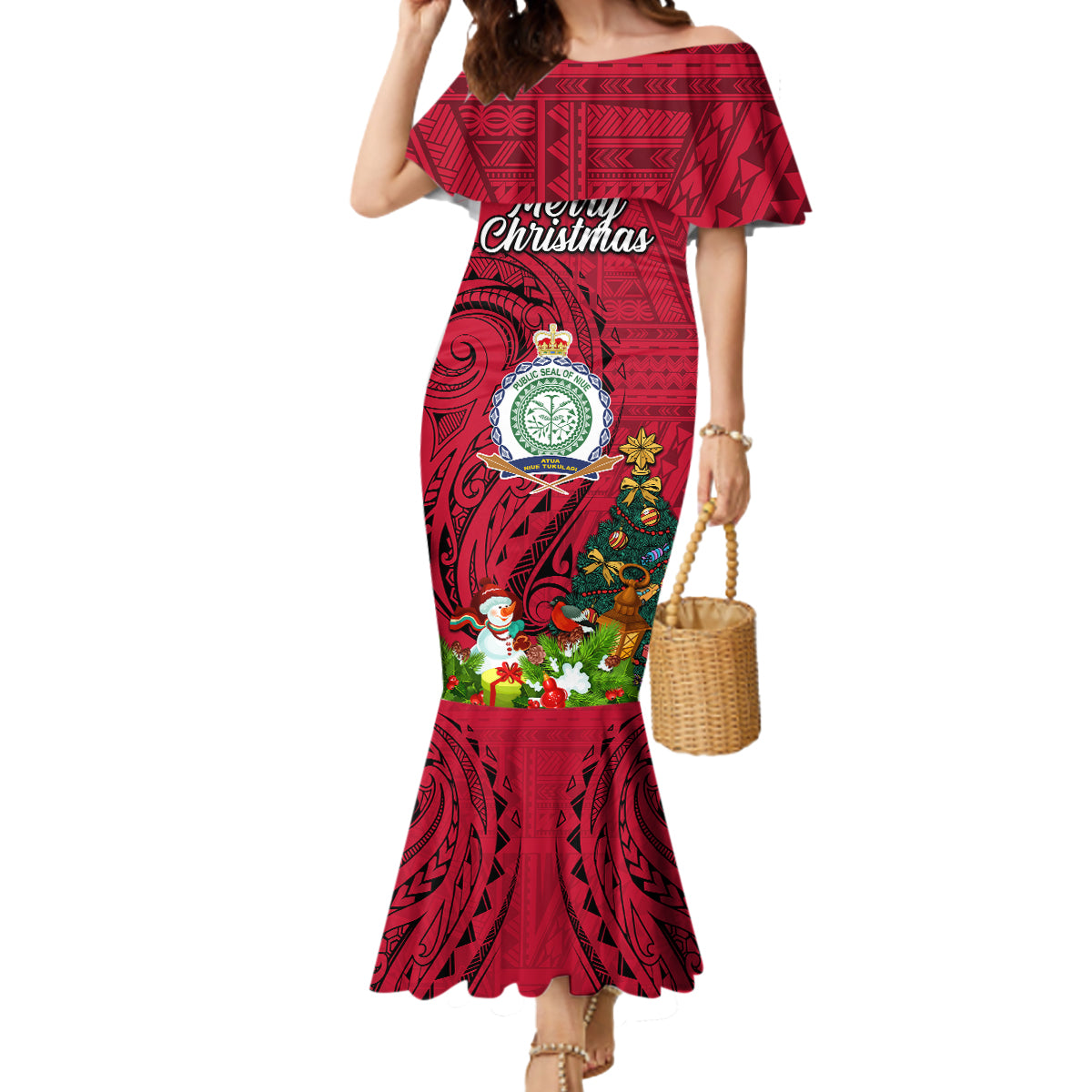 Niue Christmas Mermaid Dress Coat of Arms and Polynesian Tattoo Xmas Element Christmas Red Vibe LT03 Women Red - Polynesian Pride