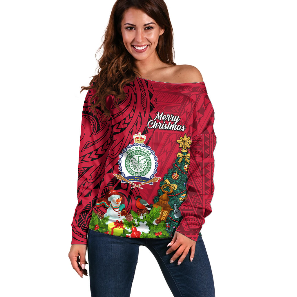 Niue Christmas Off Shoulder Sweater Coat of Arms and Polynesian Tattoo Xmas Element Christmas Red Vibe LT03 Women Red - Polynesian Pride