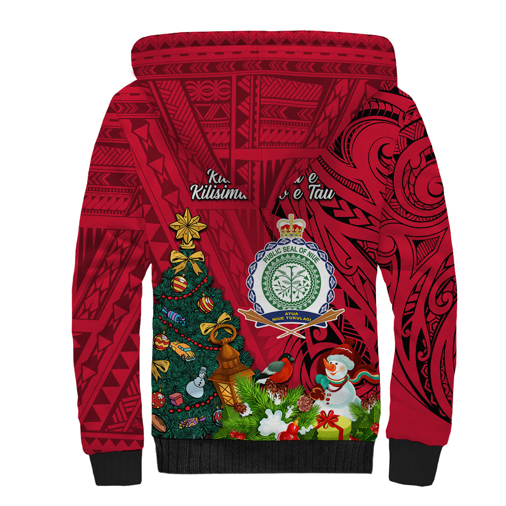 Niue Christmas Sherpa Hoodie Coat of Arms and Polynesian Tattoo Xmas Element Christmas Red Vibe LT03 - Polynesian Pride