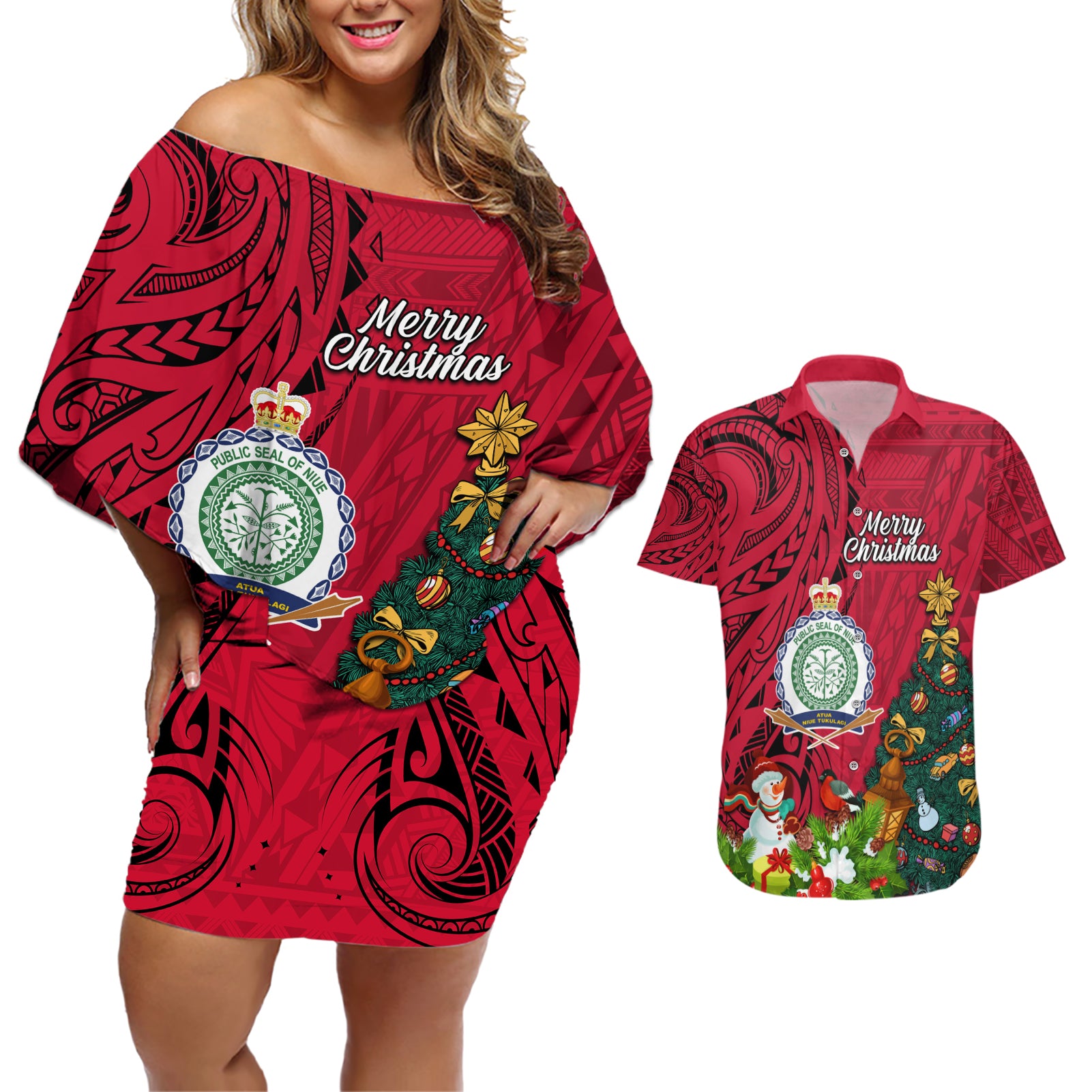 Personalised Niue Christmas Couples Matching Off Shoulder Short Dress and Hawaiian Shirt Coat of Arms and Polynesian Tattoo Xmas Element Christmas Red Vibe LT03 Red - Polynesian Pride