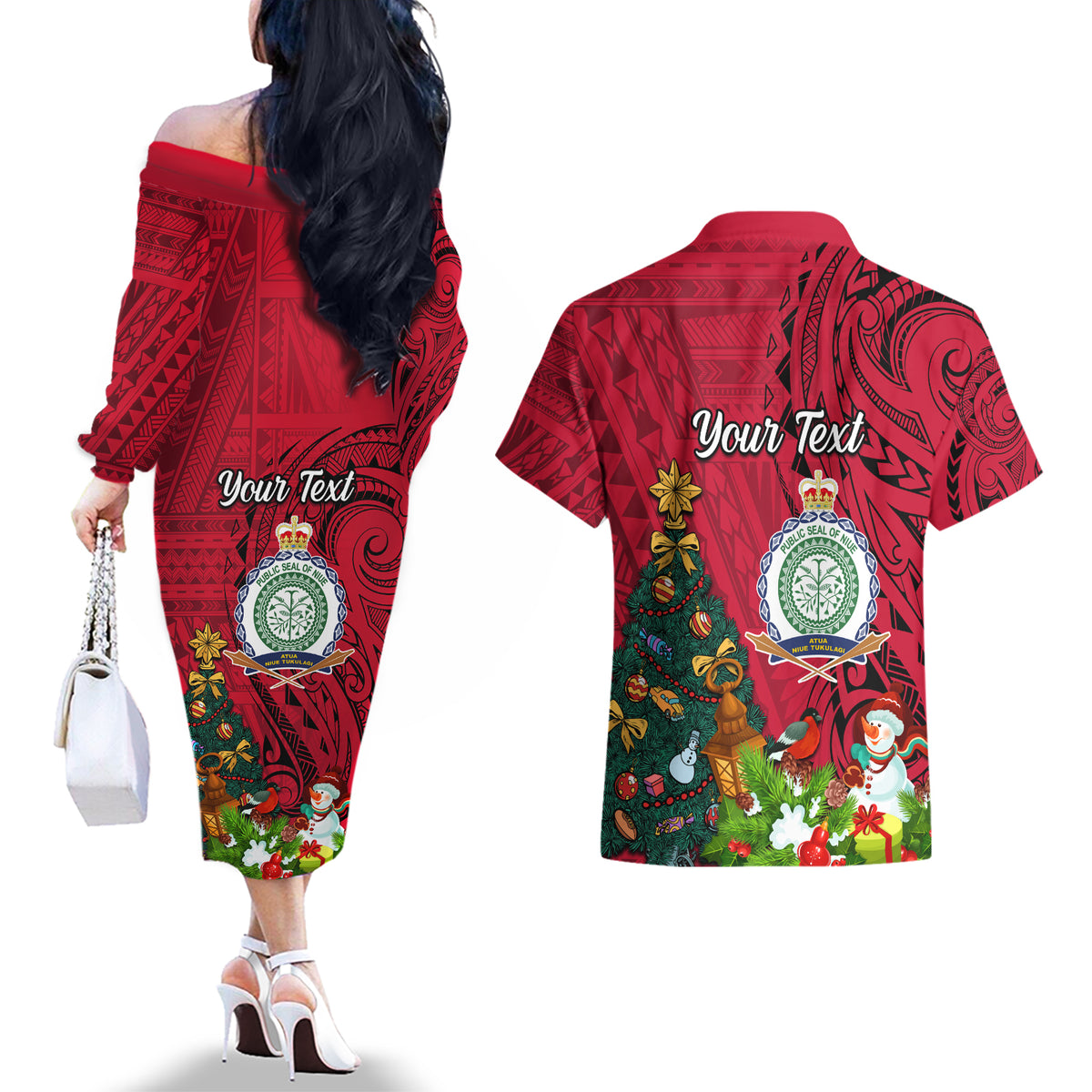 Personalised Niue Christmas Couples Matching Off The Shoulder Long Sleeve Dress and Hawaiian Shirt Coat of Arms and Polynesian Tattoo Xmas Element Christmas Red Vibe LT03 - Polynesian Pride