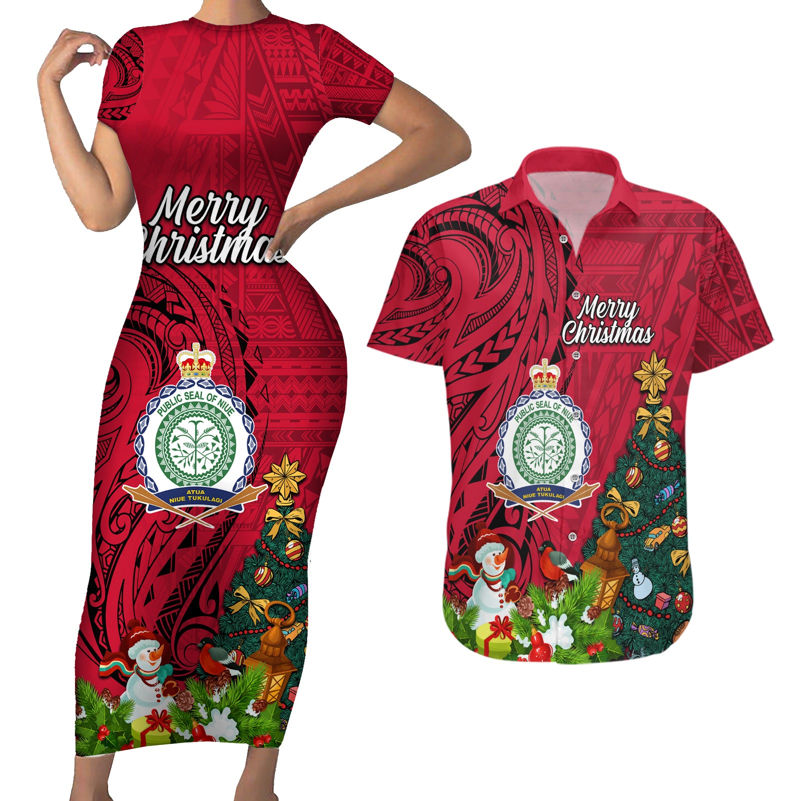 Personalised Niue Christmas Couples Matching Short Sleeve Bodycon Dress and Hawaiian Shirt Coat of Arms and Polynesian Tattoo Xmas Element Christmas Red Vibe LT03 Red - Polynesian Pride