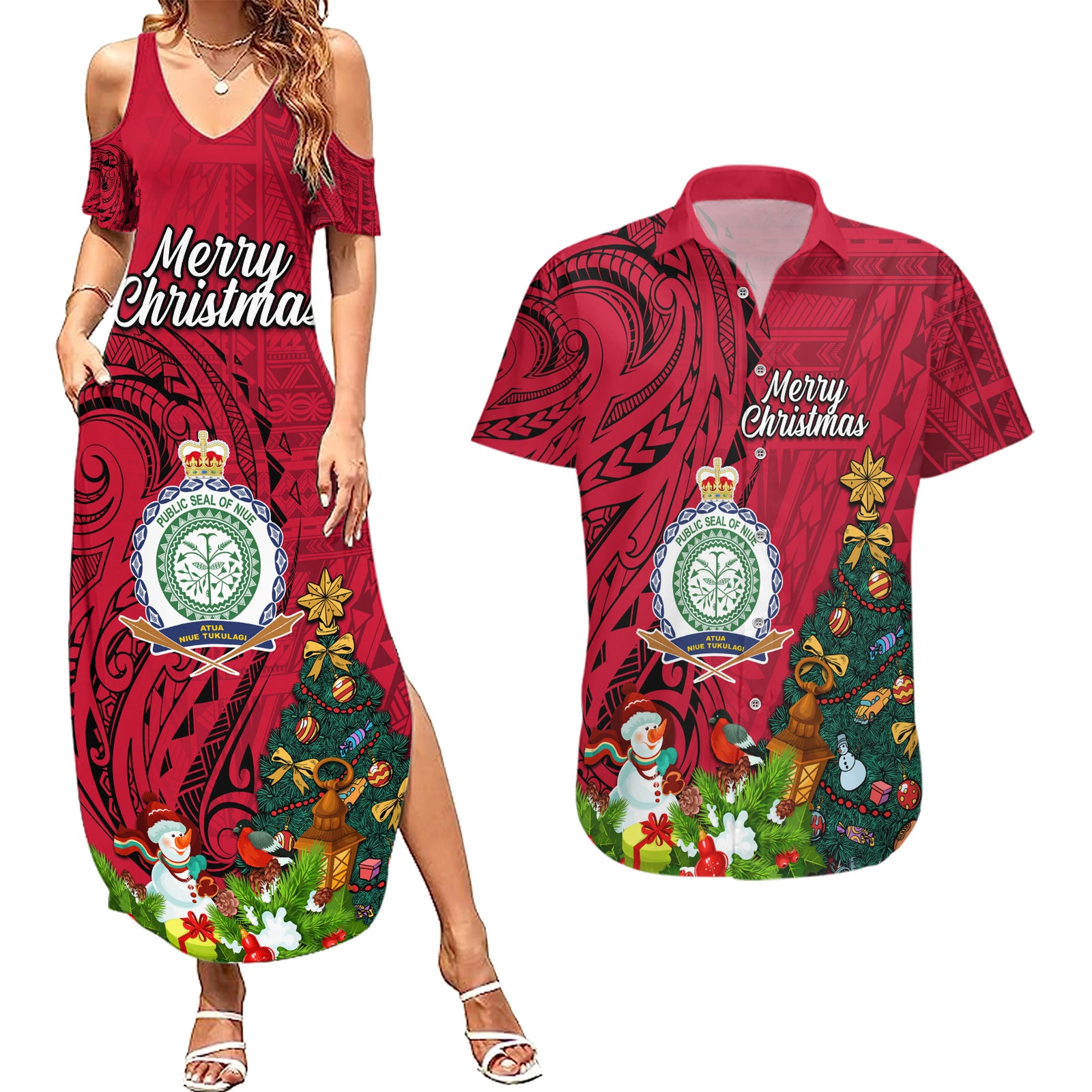 Personalised Niue Christmas Couples Matching Summer Maxi Dress and Hawaiian Shirt Coat of Arms and Polynesian Tattoo Xmas Element Christmas Red Vibe LT03 Red - Polynesian Pride
