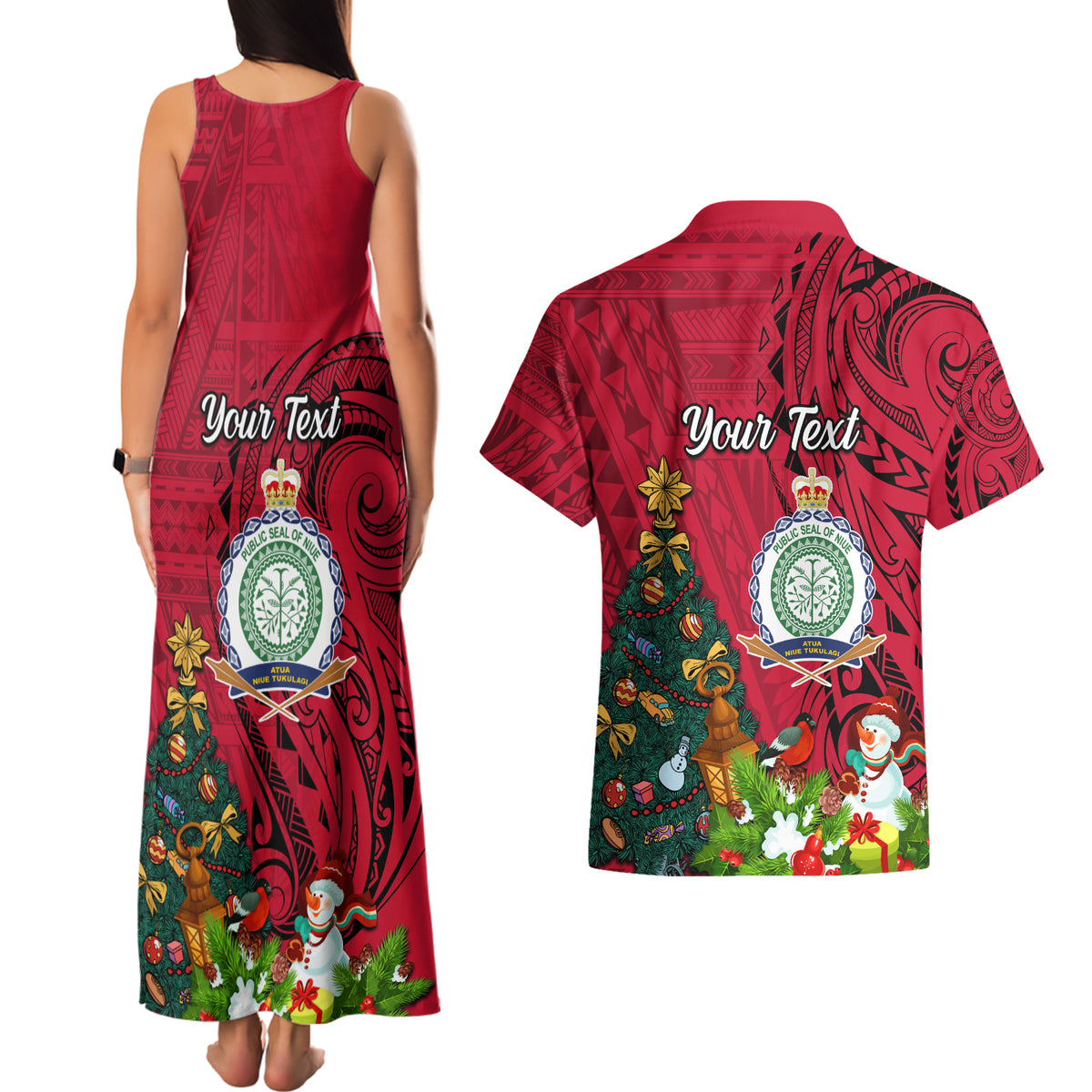 Personalised Niue Christmas Couples Matching Tank Maxi Dress and Hawaiian Shirt Coat of Arms and Polynesian Tattoo Xmas Element Christmas Red Vibe LT03 - Polynesian Pride
