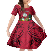 Personalised Niue Christmas Family Matching Off Shoulder Long Sleeve Dress and Hawaiian Shirt Coat of Arms and Polynesian Tattoo Xmas Element Christmas Red Vibe LT03 Daughter's Dress Red - Polynesian Pride