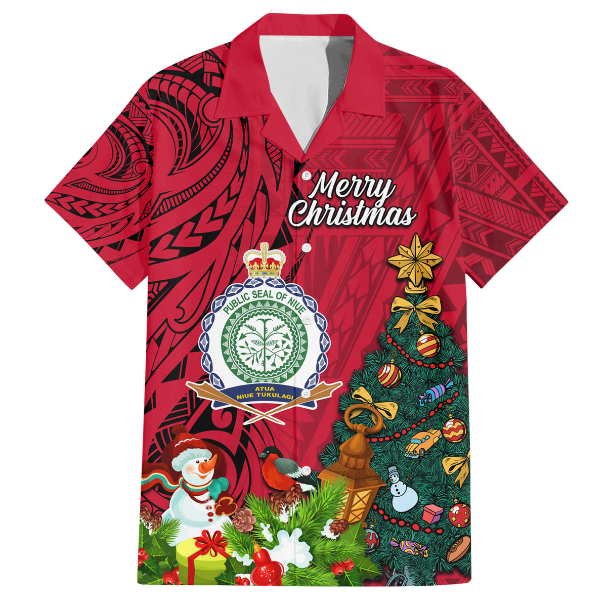 Personalised Niue Christmas Family Matching Short Sleeve Bodycon Dress and Hawaiian Shirt Coat of Arms and Polynesian Tattoo Xmas Element Christmas Red Vibe LT03 Dad's Shirt - Short Sleeve Red - Polynesian Pride