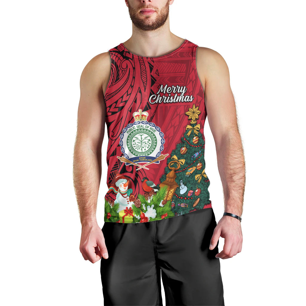 Personalised Niue Christmas Men Tank Top Coat of Arms and Polynesian Tattoo Xmas Element Christmas Red Vibe LT03 - Polynesian Pride
