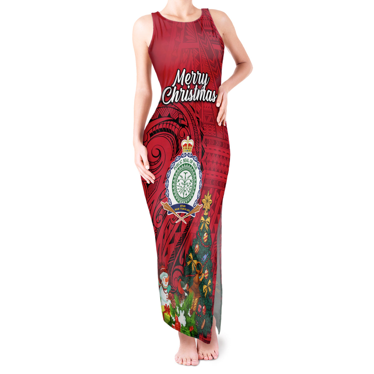 Personalised Niue Christmas Tank Maxi Dress Coat of Arms and Polynesian Tattoo Xmas Element Christmas Red Vibe LT03 Women Red - Polynesian Pride