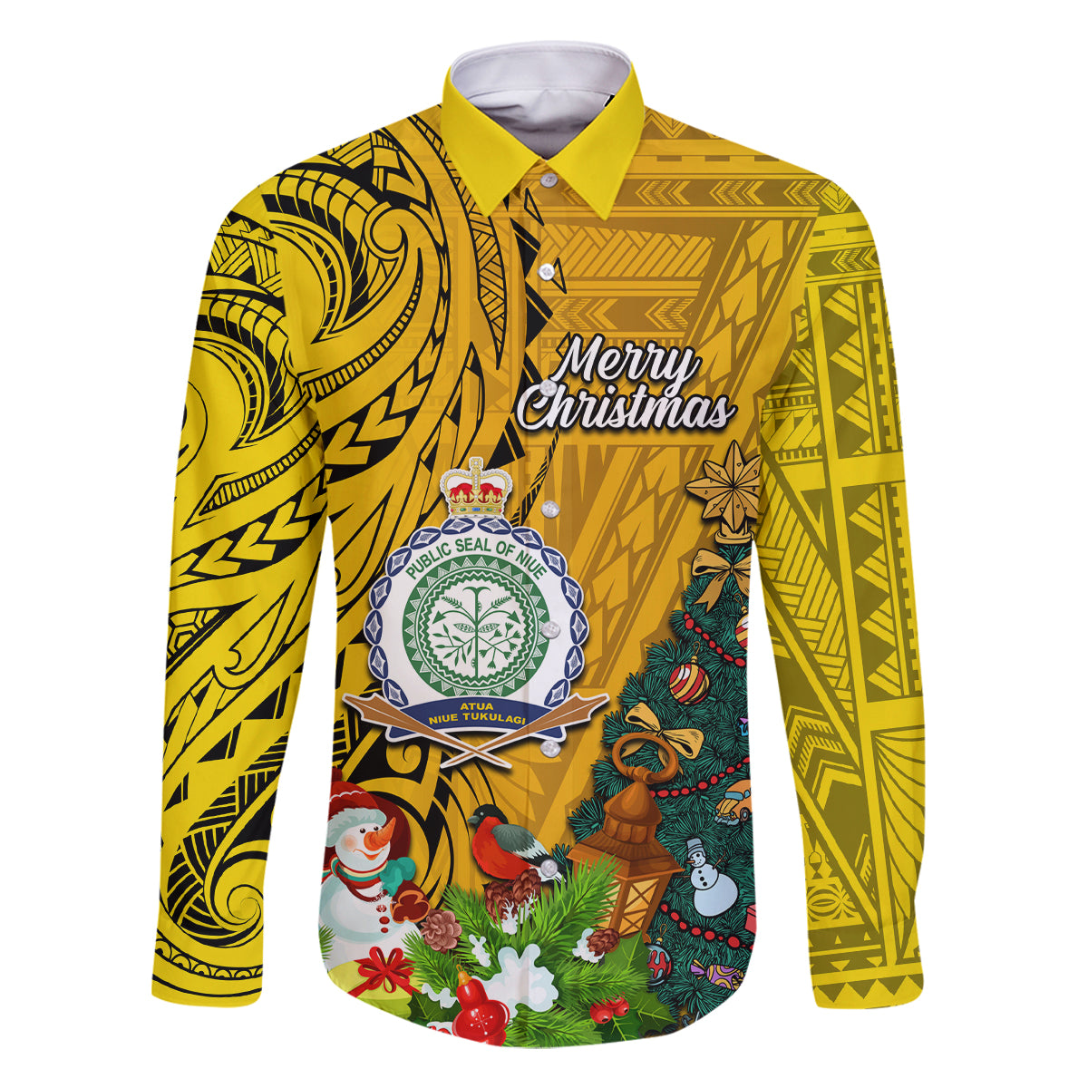 Niue Christmas Family Matching Off Shoulder Maxi Dress and Hawaiian Shirt Coat of Arms and Polynesian Tattoo Xmas Element Christmas Yellow Vibe LT03 Dad's Shirt - Long Sleeve Yellow - Polynesian Pride