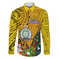 Niue Christmas Family Matching Off Shoulder Maxi Dress and Hawaiian Shirt Coat of Arms and Polynesian Tattoo Xmas Element Christmas Yellow Vibe LT03 Dad's Shirt - Long Sleeve Yellow - Polynesian Pride