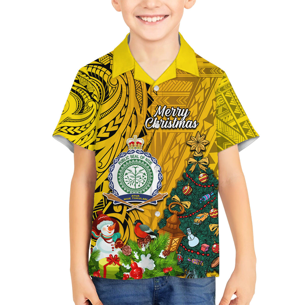 Niue Christmas Family Matching Off Shoulder Short Dress and Hawaiian Shirt Coat of Arms and Polynesian Tattoo Xmas Element Christmas Yellow Vibe LT03 Son's Shirt Yellow - Polynesian Pride