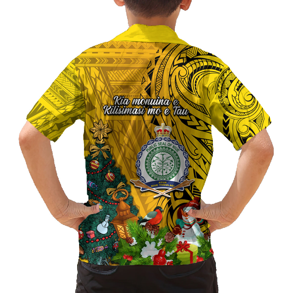 Niue Christmas Family Matching Puletasi Dress and Hawaiian Shirt Coat of Arms and Polynesian Tattoo Xmas Element Christmas Yellow Vibe LT03 - Polynesian Pride