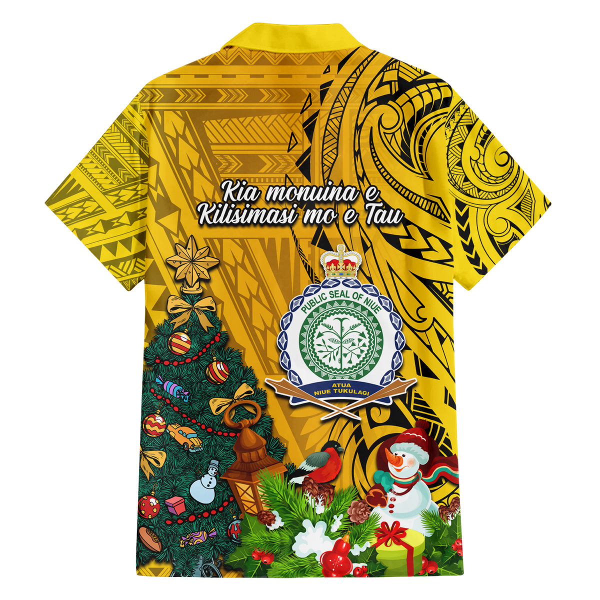 Niue Christmas Family Matching Short Sleeve Bodycon Dress and Hawaiian Shirt Coat of Arms and Polynesian Tattoo Xmas Element Christmas Yellow Vibe LT03 - Polynesian Pride