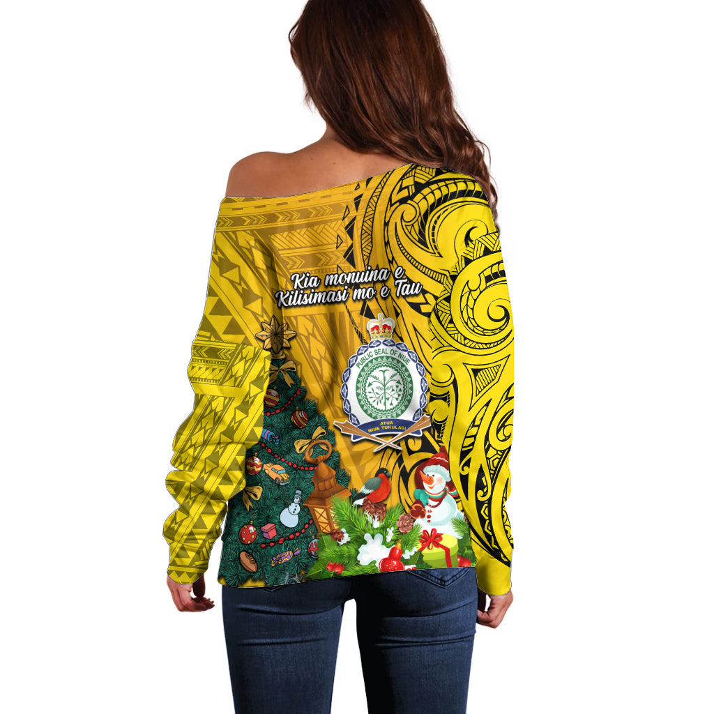 Niue Christmas Off Shoulder Sweater Coat of Arms and Polynesian Tattoo Xmas Element Christmas Yellow Vibe LT03 - Polynesian Pride