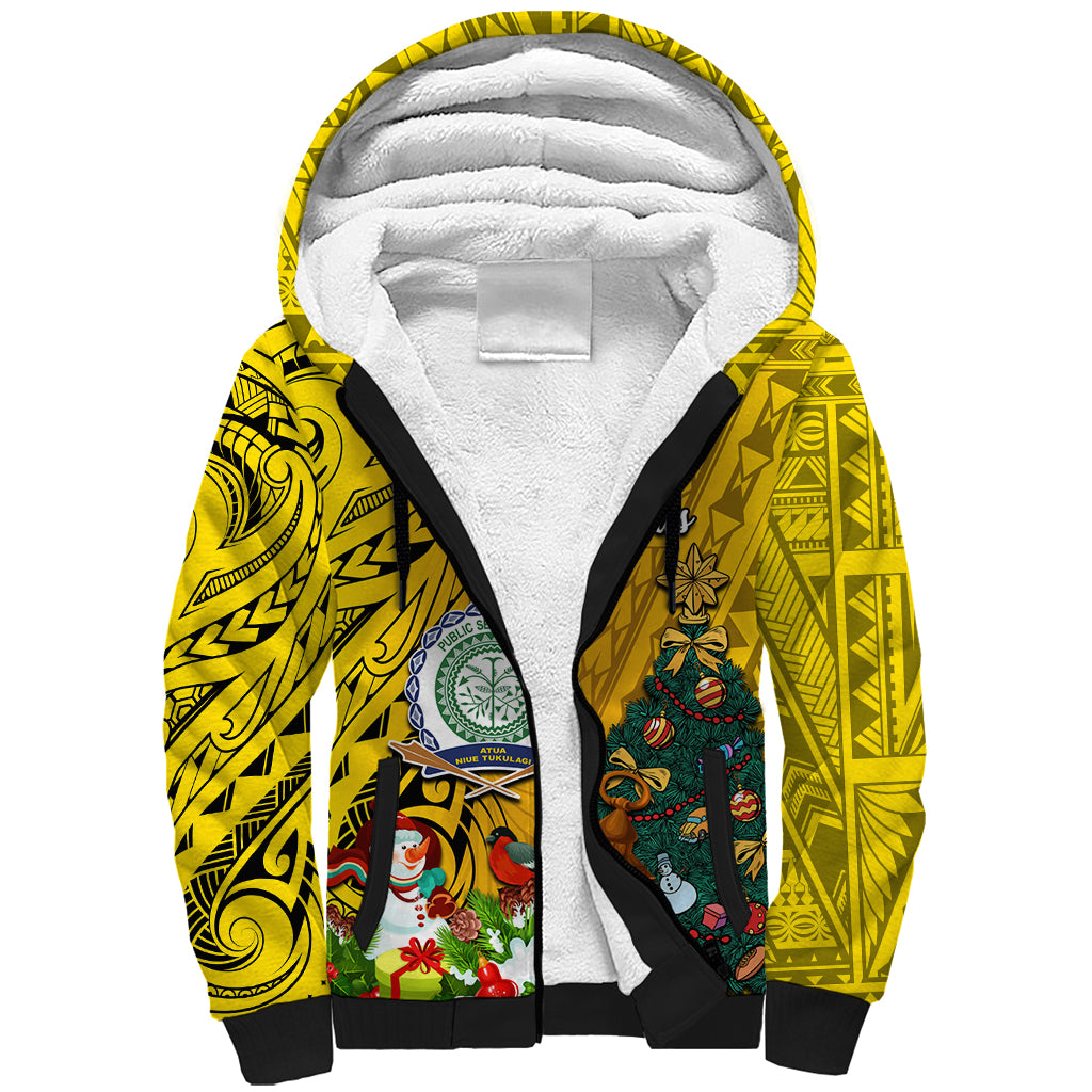Niue Christmas Sherpa Hoodie Coat of Arms and Polynesian Tattoo Xmas Element Christmas Yellow Vibe LT03 Unisex Yellow - Polynesian Pride