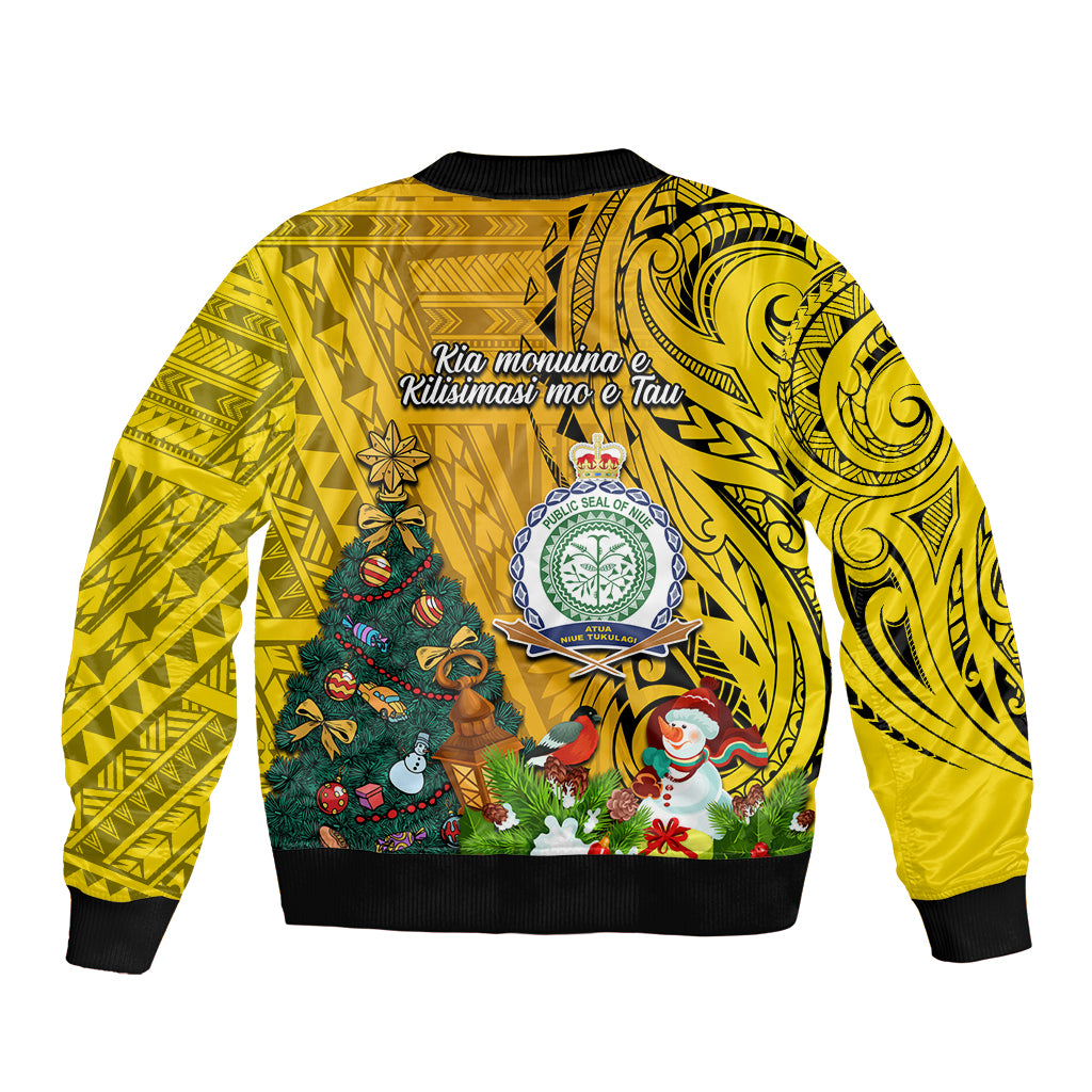Niue Christmas Sleeve Zip Bomber Jacket Coat of Arms and Polynesian Tattoo Xmas Element Christmas Yellow Vibe LT03 - Polynesian Pride