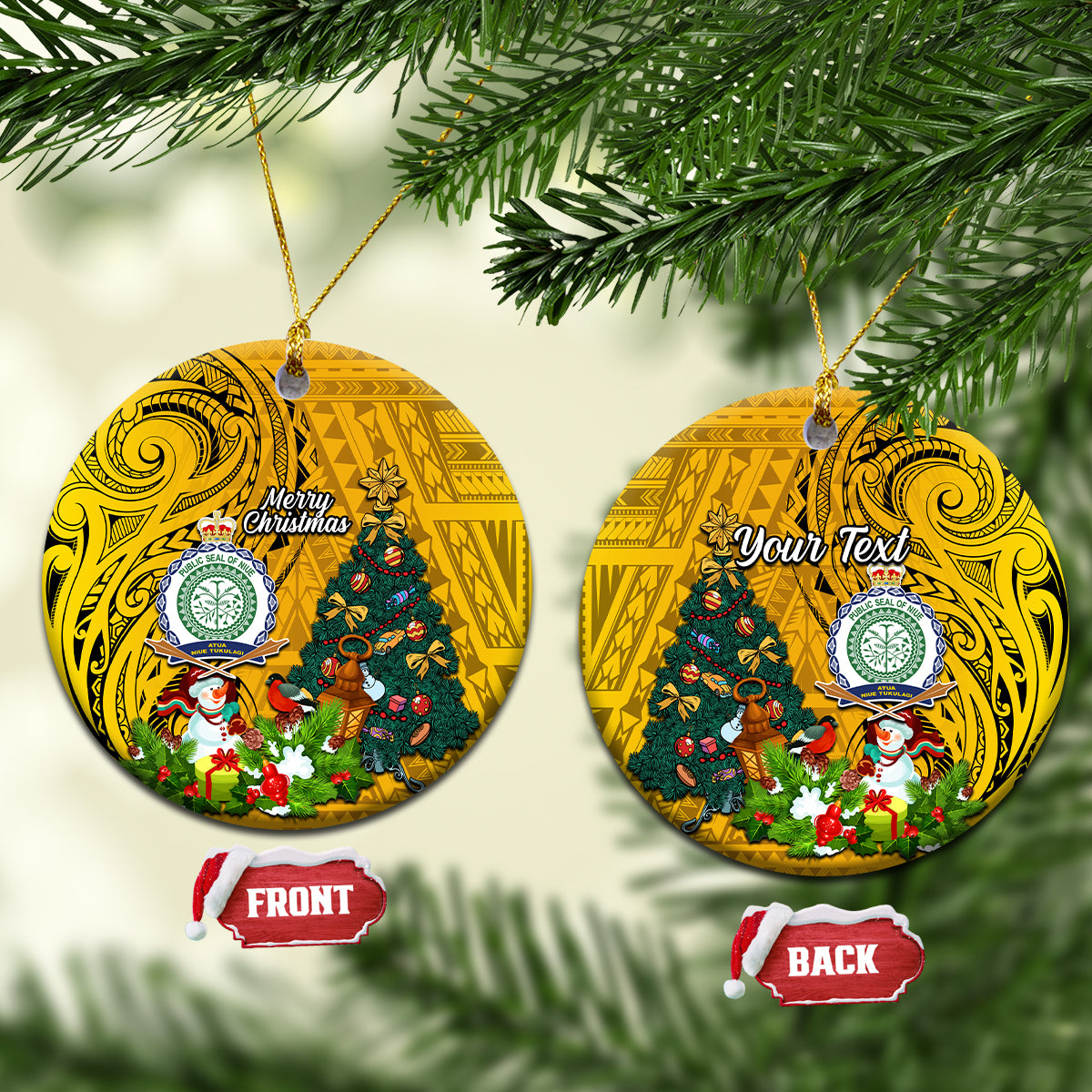 Personalised Niue Christmas Ceramic Ornament Coat of Arms and Polynesian Tattoo Xmas Element Christmas Yellow Vibe LT03 Circle Yellow - Polynesian Pride