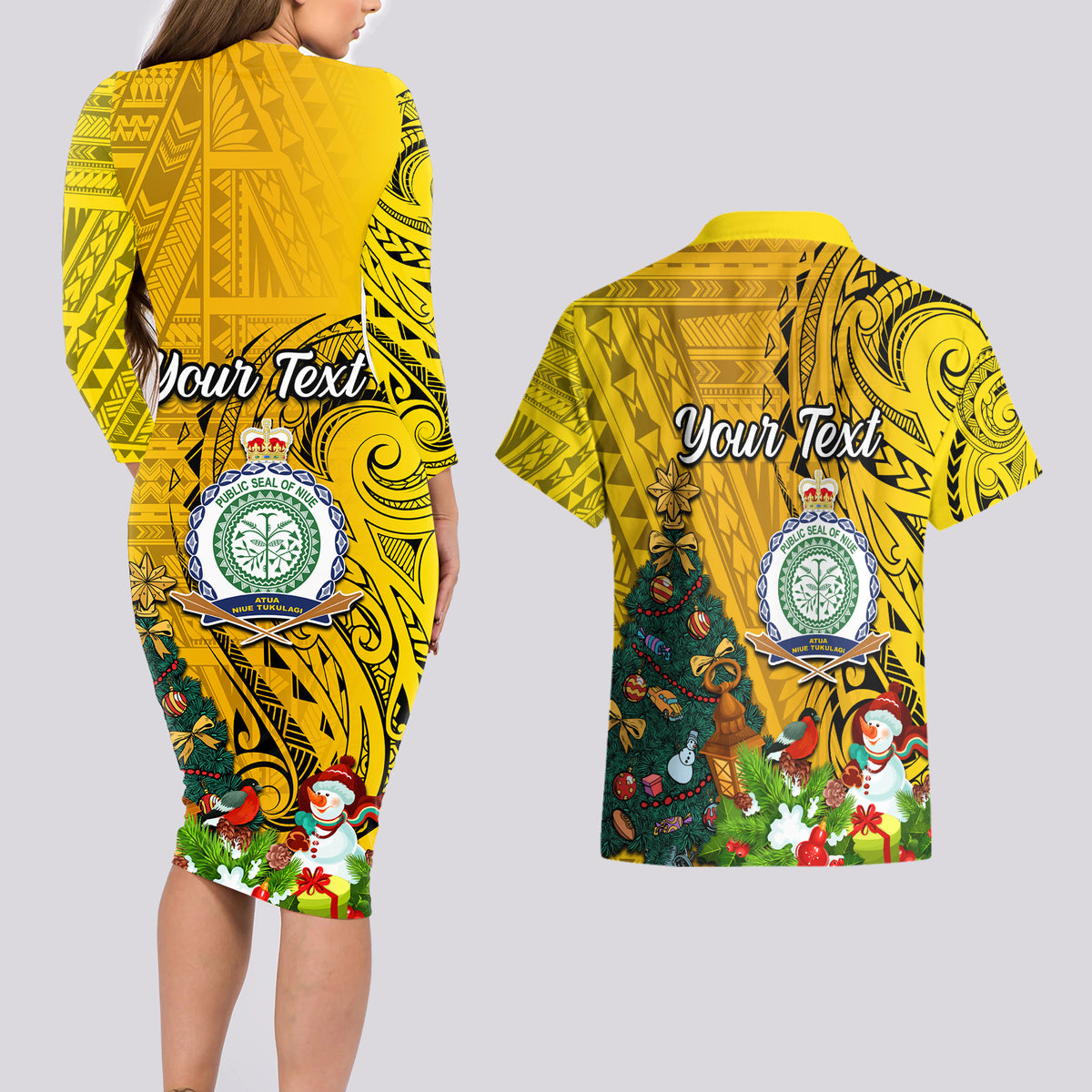 Personalised Niue Christmas Couples Matching Long Sleeve Bodycon Dress and Hawaiian Shirt Coat of Arms and Polynesian Tattoo Xmas Element Christmas Yellow Vibe LT03 - Polynesian Pride