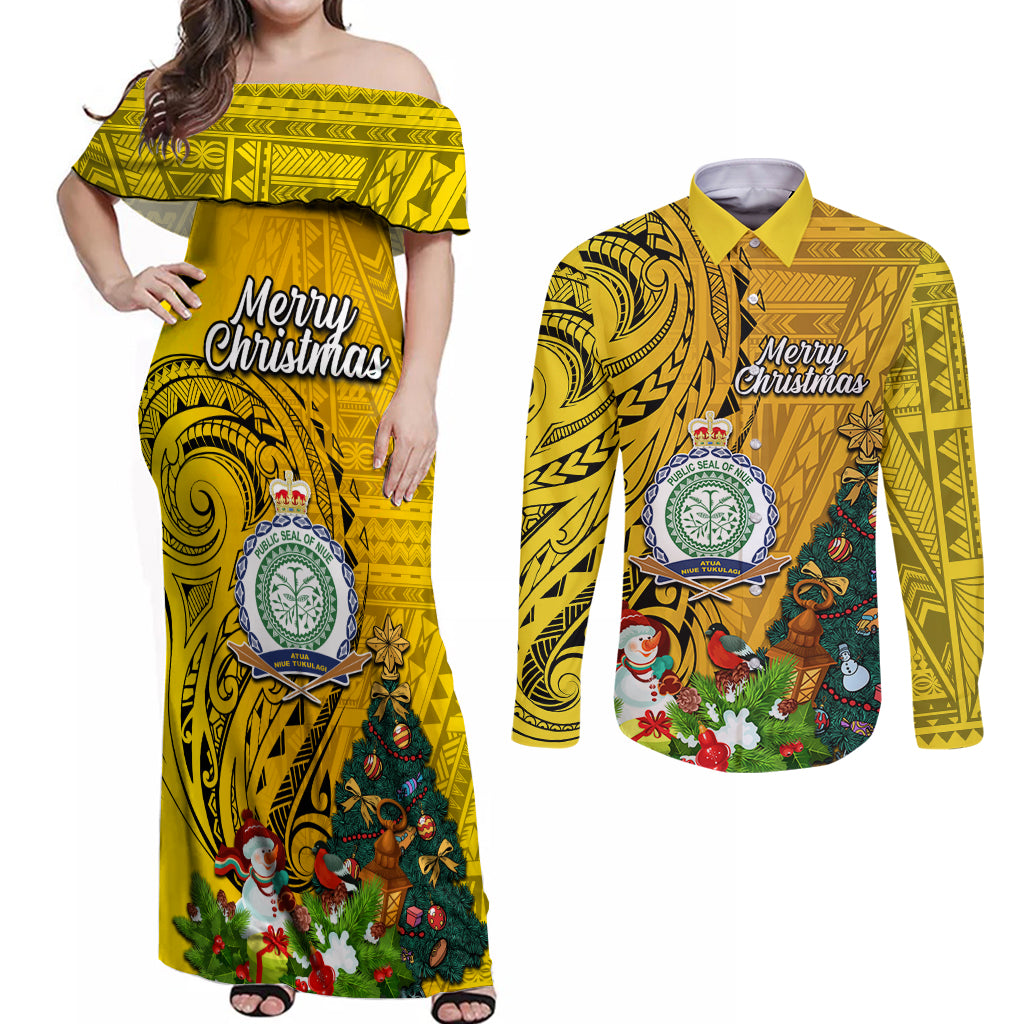 Personalised Niue Christmas Couples Matching Off Shoulder Maxi Dress and Long Sleeve Button Shirt Coat of Arms and Polynesian Tattoo Xmas Element Christmas Yellow Vibe LT03 Yellow - Polynesian Pride