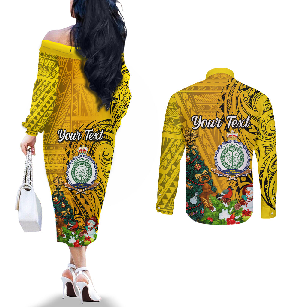 Personalised Niue Christmas Couples Matching Off The Shoulder Long Sleeve Dress and Long Sleeve Button Shirt Coat of Arms and Polynesian Tattoo Xmas Element Christmas Yellow Vibe LT03 - Polynesian Pride