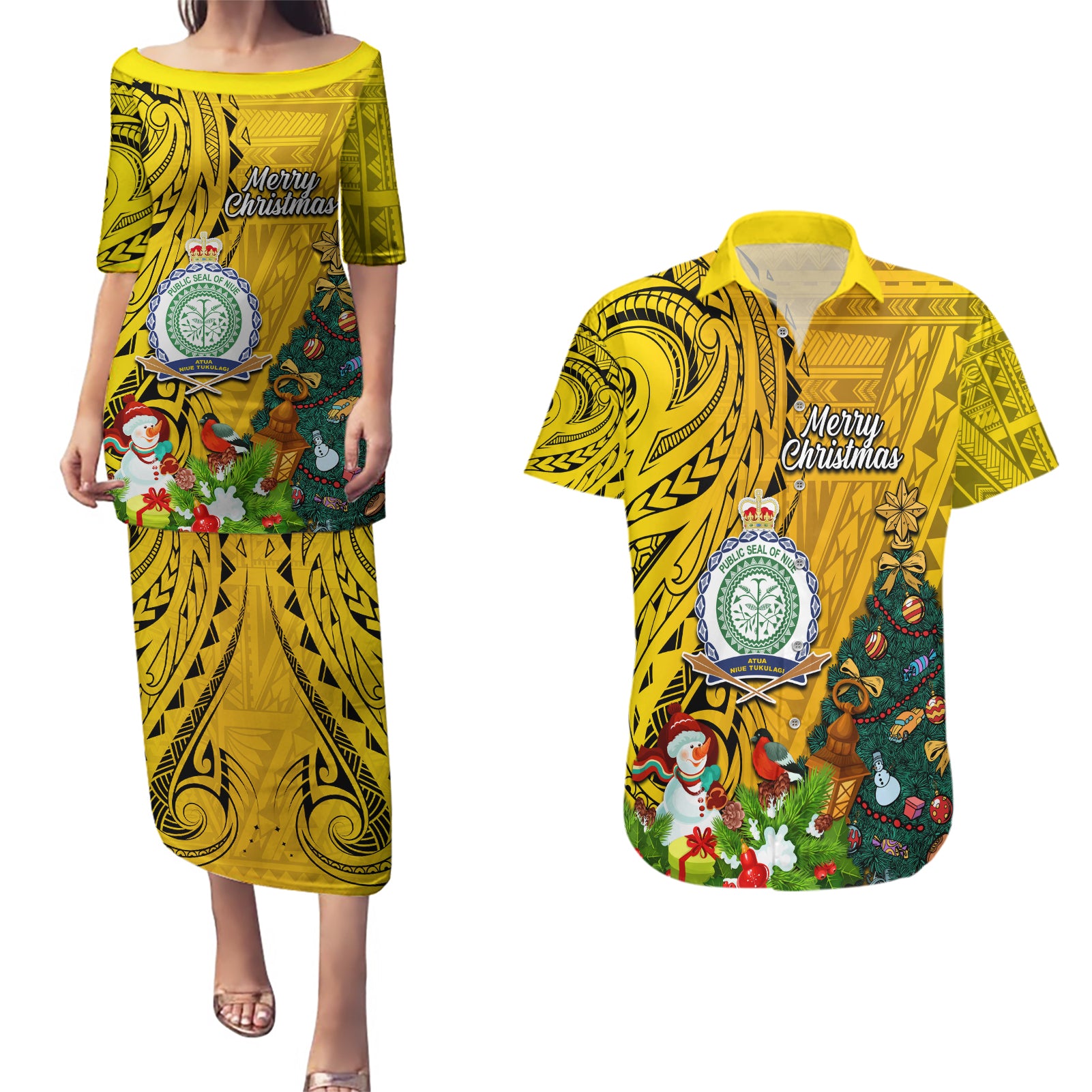 Personalised Niue Christmas Couples Matching Puletasi Dress and Hawaiian Shirt Coat of Arms and Polynesian Tattoo Xmas Element Christmas Yellow Vibe LT03 Yellow - Polynesian Pride