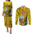 Personalised Niue Christmas Couples Matching Puletasi Dress and Long Sleeve Button Shirt Coat of Arms and Polynesian Tattoo Xmas Element Christmas Yellow Vibe LT03 Yellow - Polynesian Pride