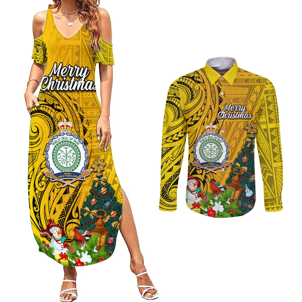 Personalised Niue Christmas Couples Matching Summer Maxi Dress and Long Sleeve Button Shirt Coat of Arms and Polynesian Tattoo Xmas Element Christmas Yellow Vibe LT03 Yellow - Polynesian Pride