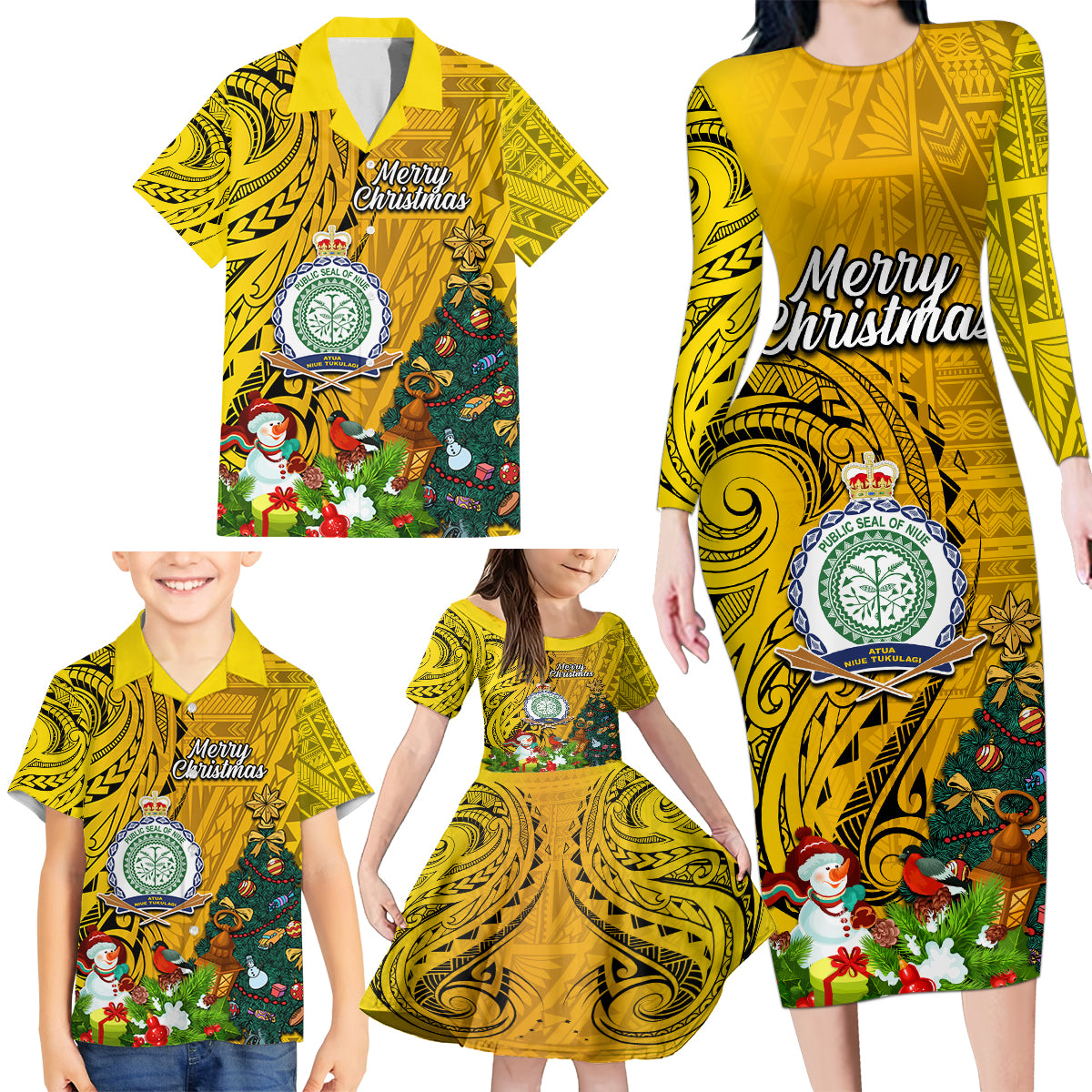 Personalised Niue Christmas Family Matching Long Sleeve Bodycon Dress and Hawaiian Shirt Coat of Arms and Polynesian Tattoo Xmas Element Christmas Yellow Vibe LT03 - Polynesian Pride