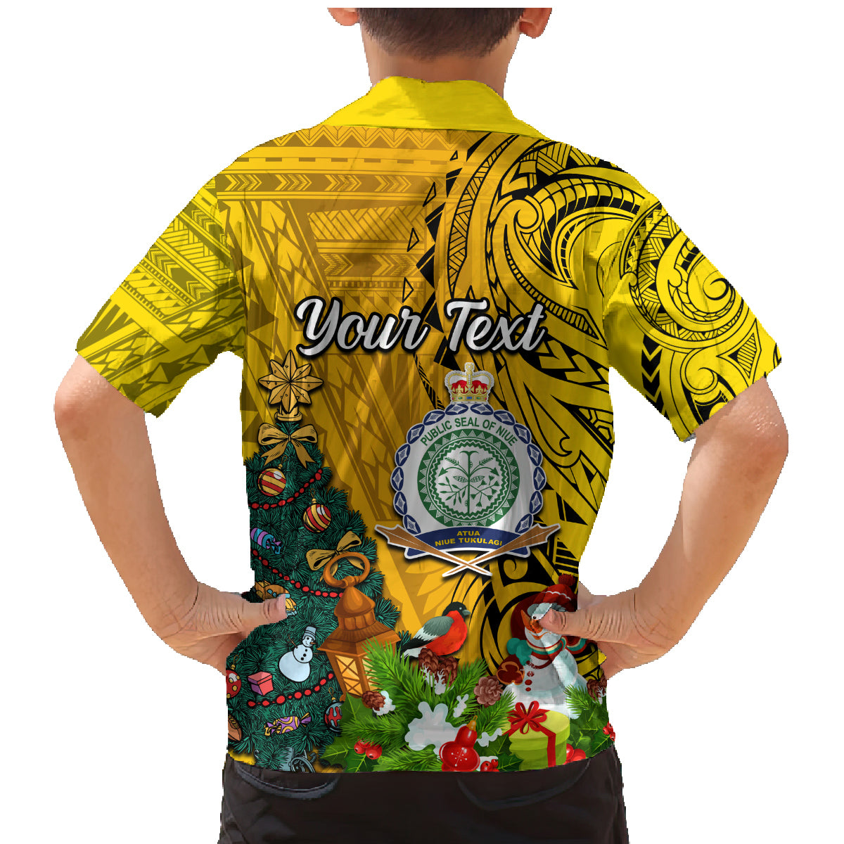 Personalised Niue Christmas Family Matching Mermaid Dress and Hawaiian Shirt Coat of Arms and Polynesian Tattoo Xmas Element Christmas Yellow Vibe LT03 - Polynesian Pride
