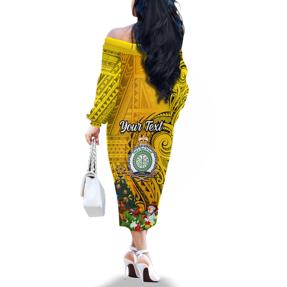 Personalised Niue Christmas Family Matching Off Shoulder Long Sleeve Dress and Hawaiian Shirt Coat of Arms and Polynesian Tattoo Xmas Element Christmas Yellow Vibe LT03 - Polynesian Pride