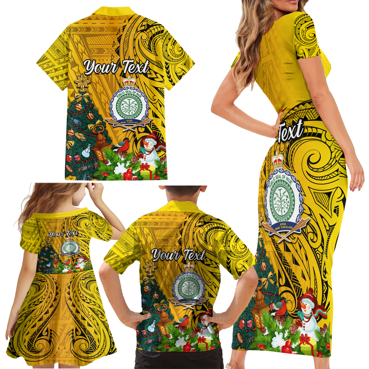 Personalised Niue Christmas Family Matching Short Sleeve Bodycon Dress and Hawaiian Shirt Coat of Arms and Polynesian Tattoo Xmas Element Christmas Yellow Vibe LT03 - Polynesian Pride