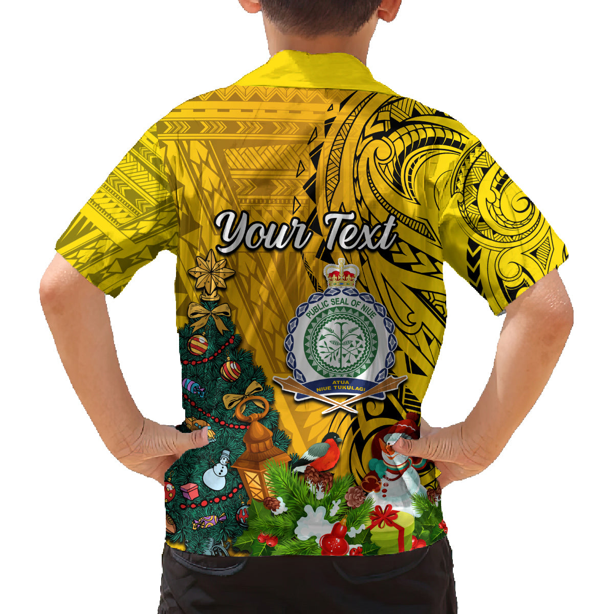 Personalised Niue Christmas Family Matching Summer Maxi Dress and Hawaiian Shirt Coat of Arms and Polynesian Tattoo Xmas Element Christmas Yellow Vibe LT03 - Polynesian Pride