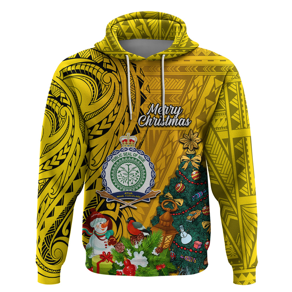 Personalised Niue Christmas Hoodie Coat of Arms and Polynesian Tattoo Xmas Element Christmas Yellow Vibe LT03 Yellow - Polynesian Pride