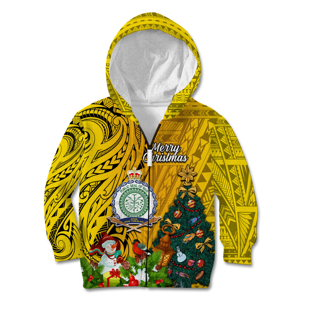 Personalised Niue Christmas Kid Hoodie Coat of Arms and Polynesian Tattoo Xmas Element Christmas Yellow Vibe LT03 Zip Hoodie Yellow - Polynesian Pride