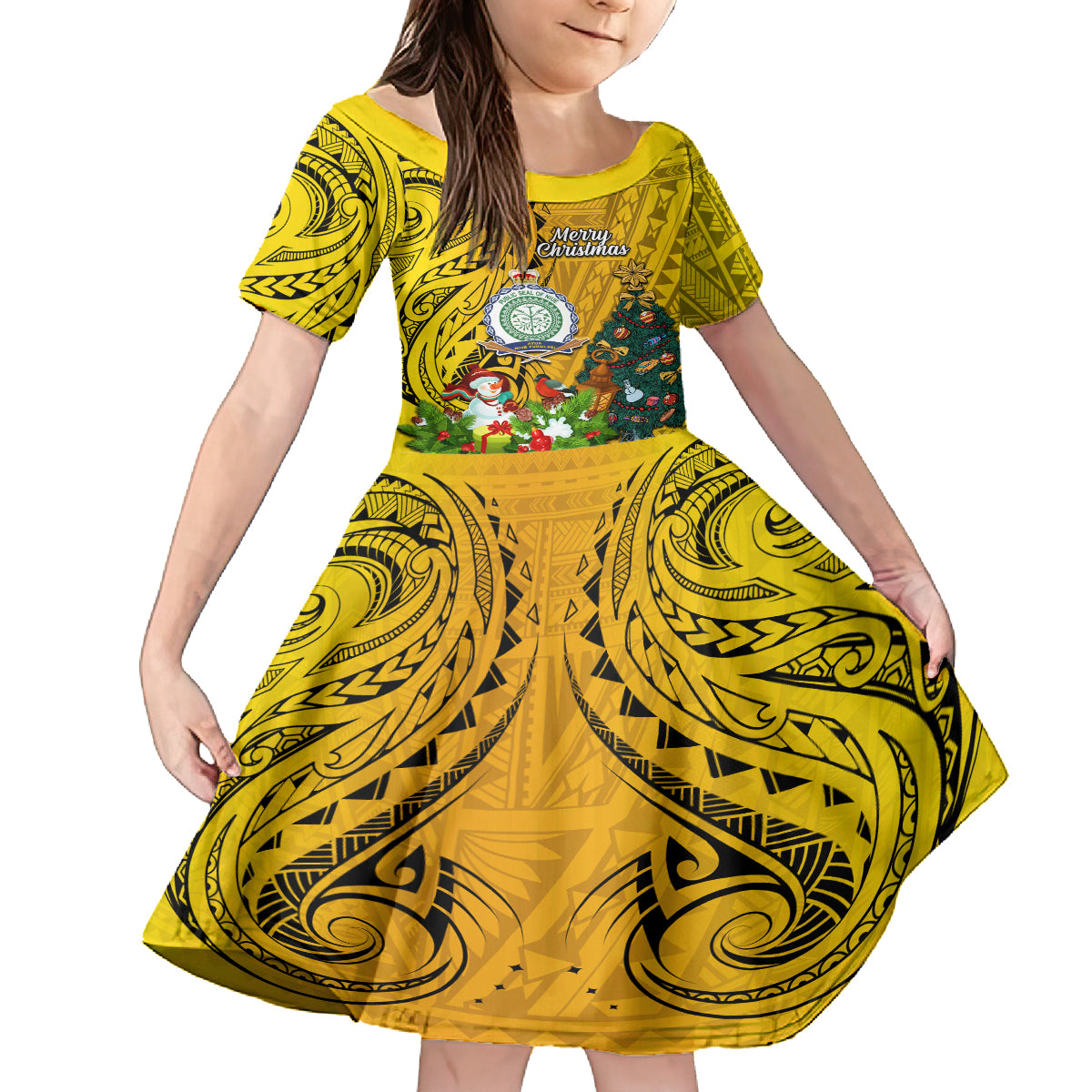 Personalised Niue Christmas Kid Short Sleeve Dress Coat of Arms and Polynesian Tattoo Xmas Element Christmas Yellow Vibe LT03 KID Yellow - Polynesian Pride