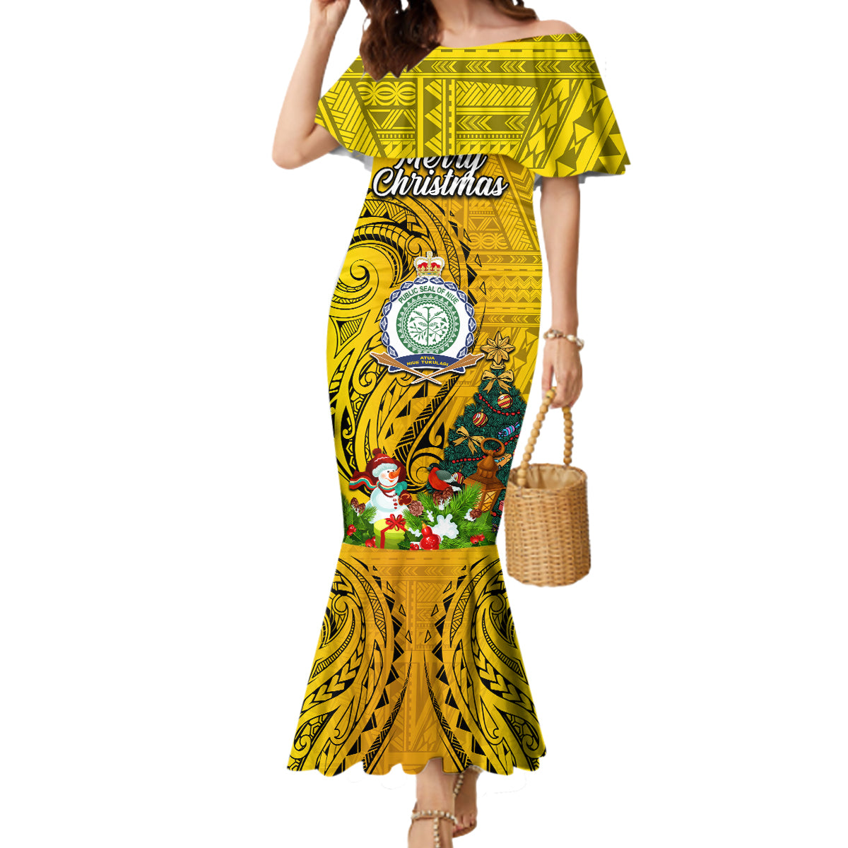 Personalised Niue Christmas Mermaid Dress Coat of Arms and Polynesian Tattoo Xmas Element Christmas Yellow Vibe LT03 Women Yellow - Polynesian Pride