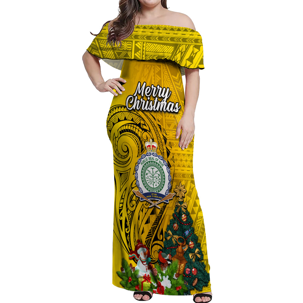 Personalised Niue Christmas Off Shoulder Maxi Dress Coat of Arms and Polynesian Tattoo Xmas Element Christmas Yellow Vibe LT03 Women Yellow - Polynesian Pride