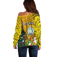 Personalised Niue Christmas Off Shoulder Sweater Coat of Arms and Polynesian Tattoo Xmas Element Christmas Yellow Vibe LT03 - Polynesian Pride