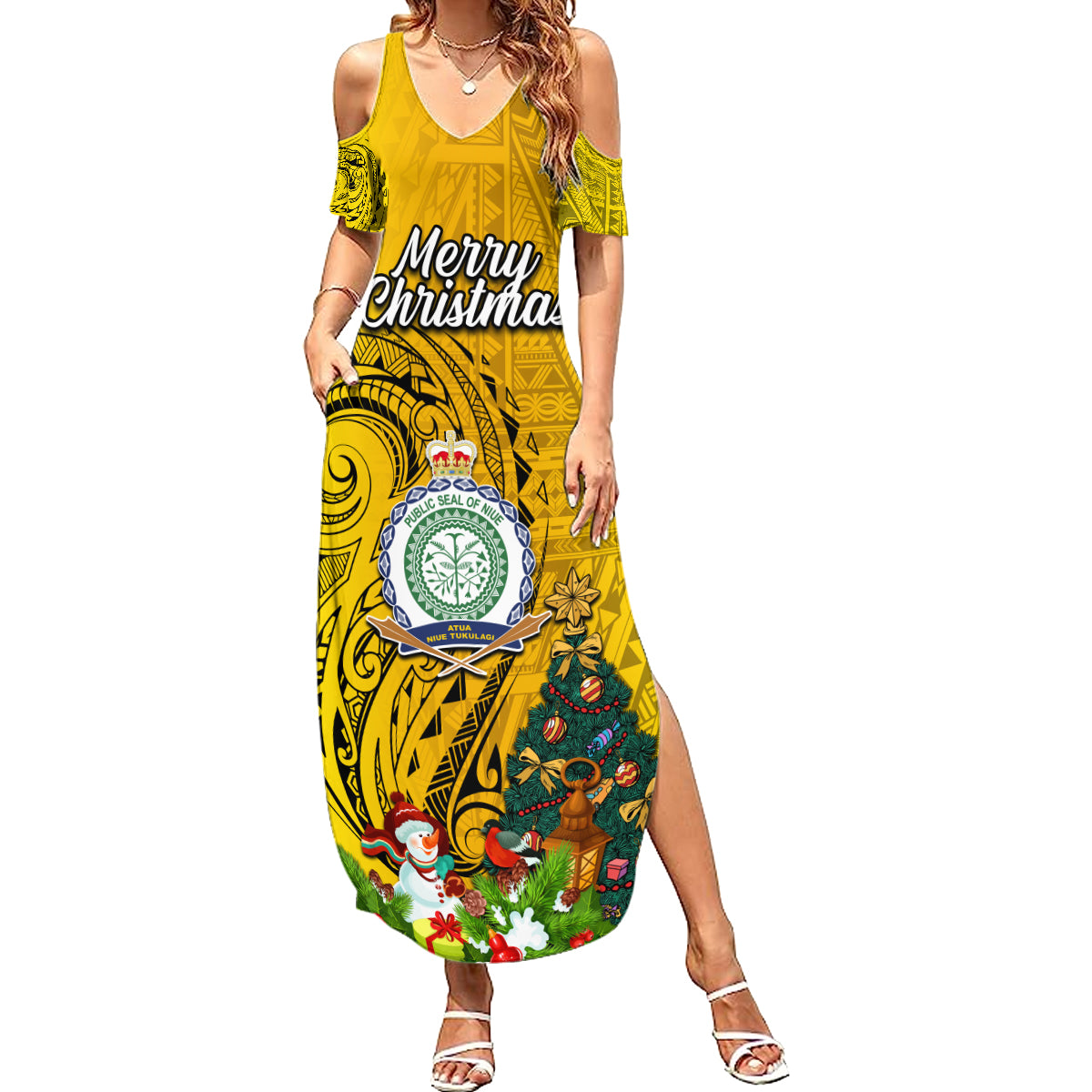 Personalised Niue Christmas Summer Maxi Dress Coat of Arms and Polynesian Tattoo Xmas Element Christmas Yellow Vibe LT03 Women Yellow - Polynesian Pride