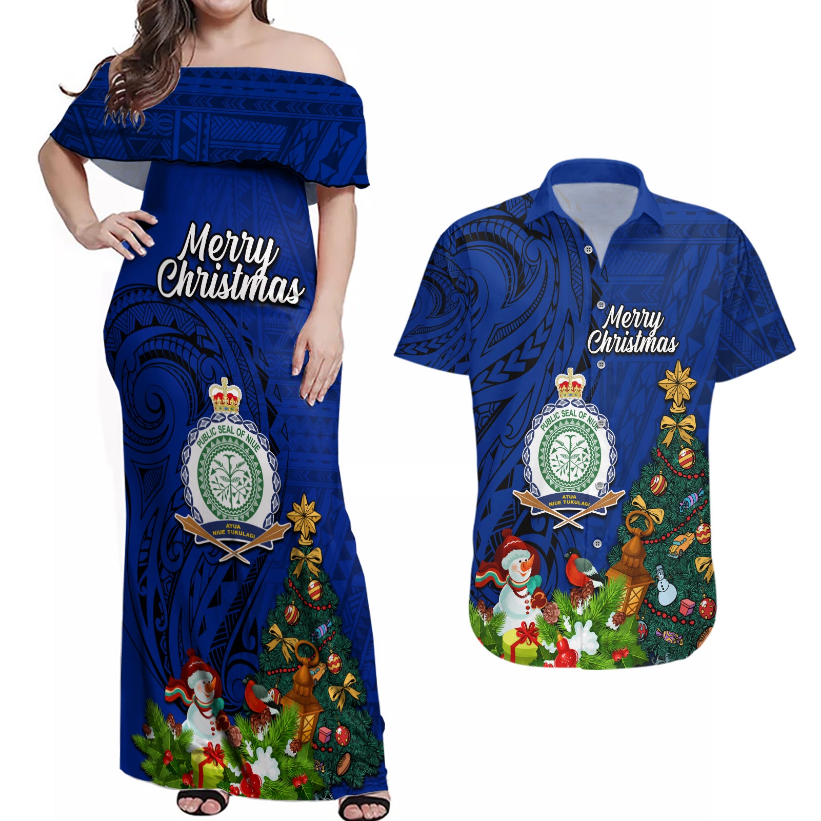 Niue Christmas Couples Matching Off Shoulder Maxi Dress and Hawaiian Shirt Coat of Arms and Polynesian Tattoo Xmas Element Christmas Blue Vibe LT03 Blue - Polynesian Pride