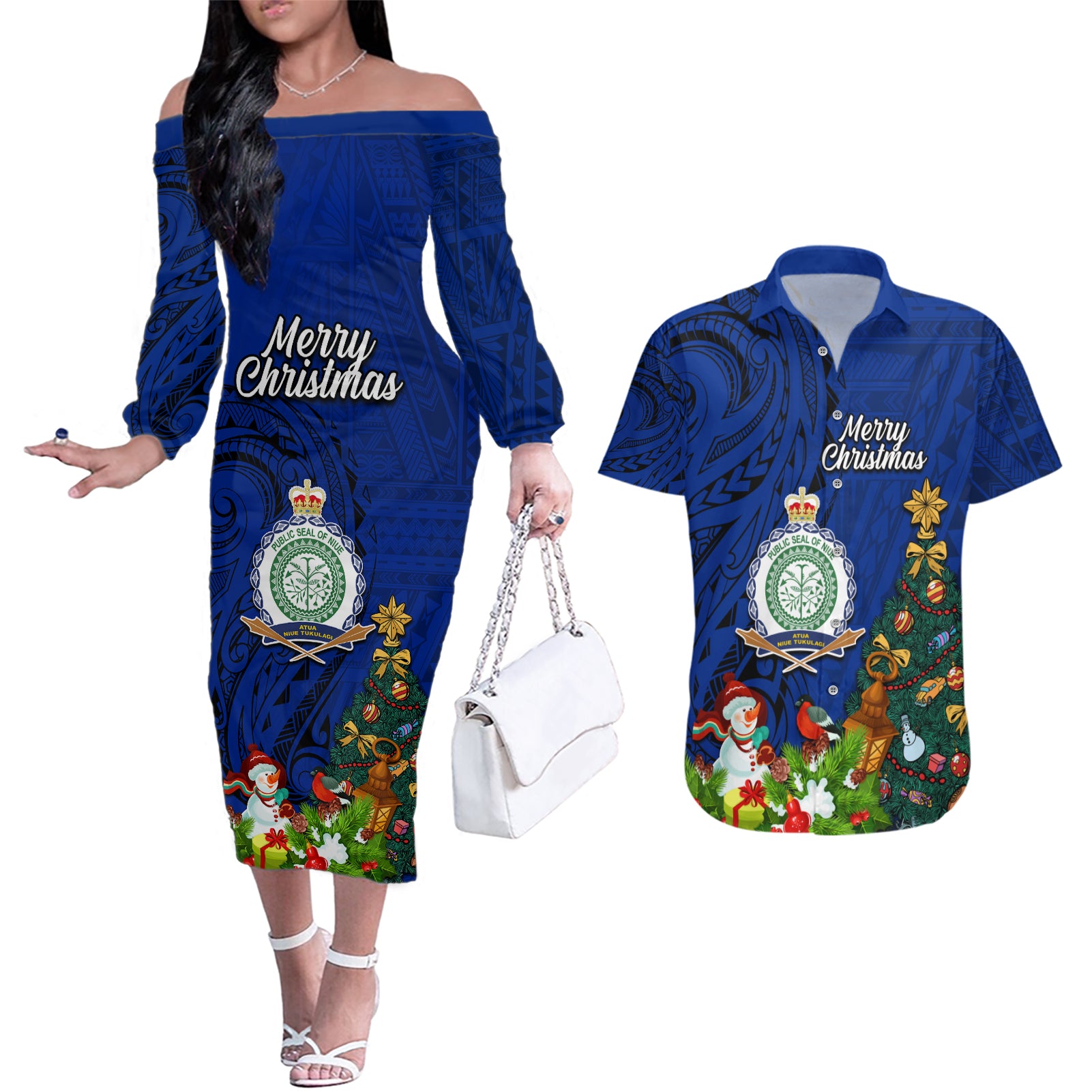 Niue Christmas Couples Matching Off The Shoulder Long Sleeve Dress and Hawaiian Shirt Coat of Arms and Polynesian Tattoo Xmas Element Christmas Blue Vibe LT03 Blue - Polynesian Pride