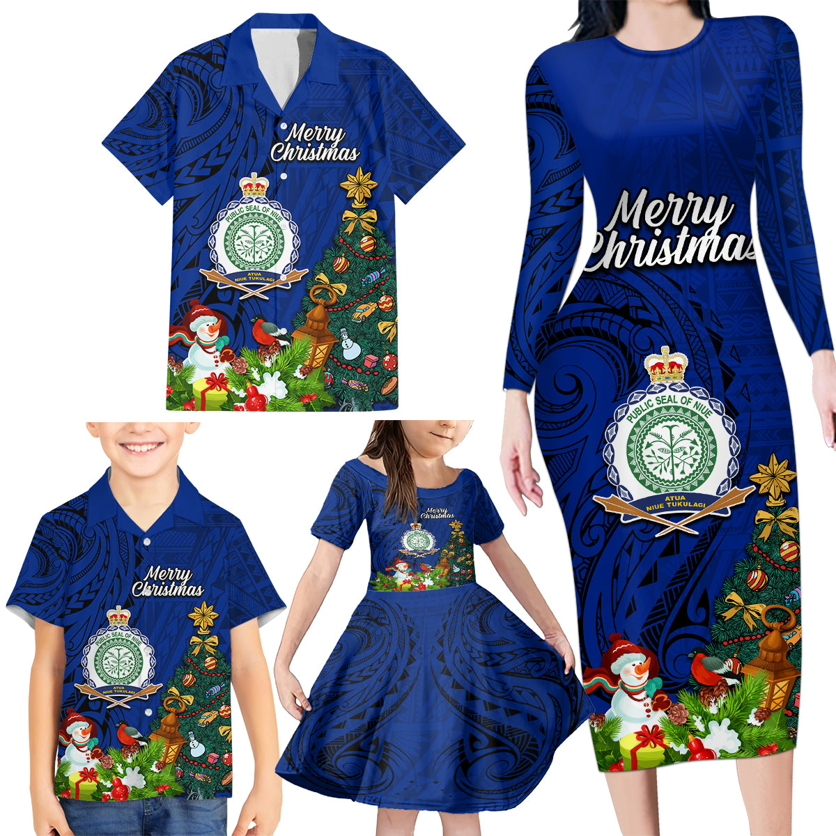 Niue Christmas Family Matching Long Sleeve Bodycon Dress and Hawaiian Shirt Coat of Arms and Polynesian Tattoo Xmas Element Christmas Blue Vibe LT03 - Polynesian Pride