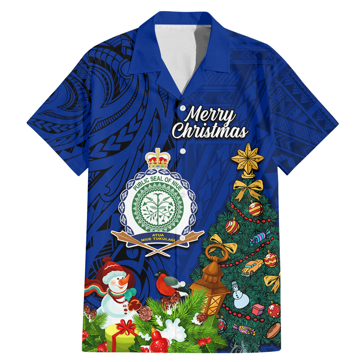 Niue Christmas Family Matching Mermaid Dress and Hawaiian Shirt Coat of Arms and Polynesian Tattoo Xmas Element Christmas Blue Vibe LT03 Dad's Shirt - Short Sleeve Blue - Polynesian Pride