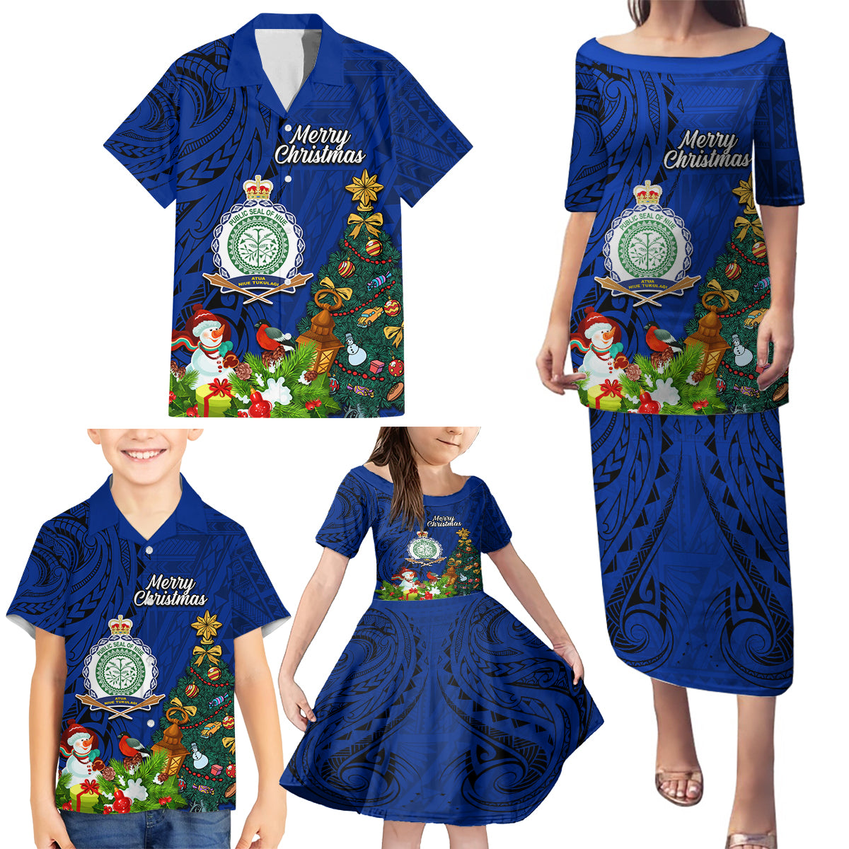 Niue Christmas Family Matching Puletasi Dress and Hawaiian Shirt Coat of Arms and Polynesian Tattoo Xmas Element Christmas Blue Vibe LT03 - Polynesian Pride