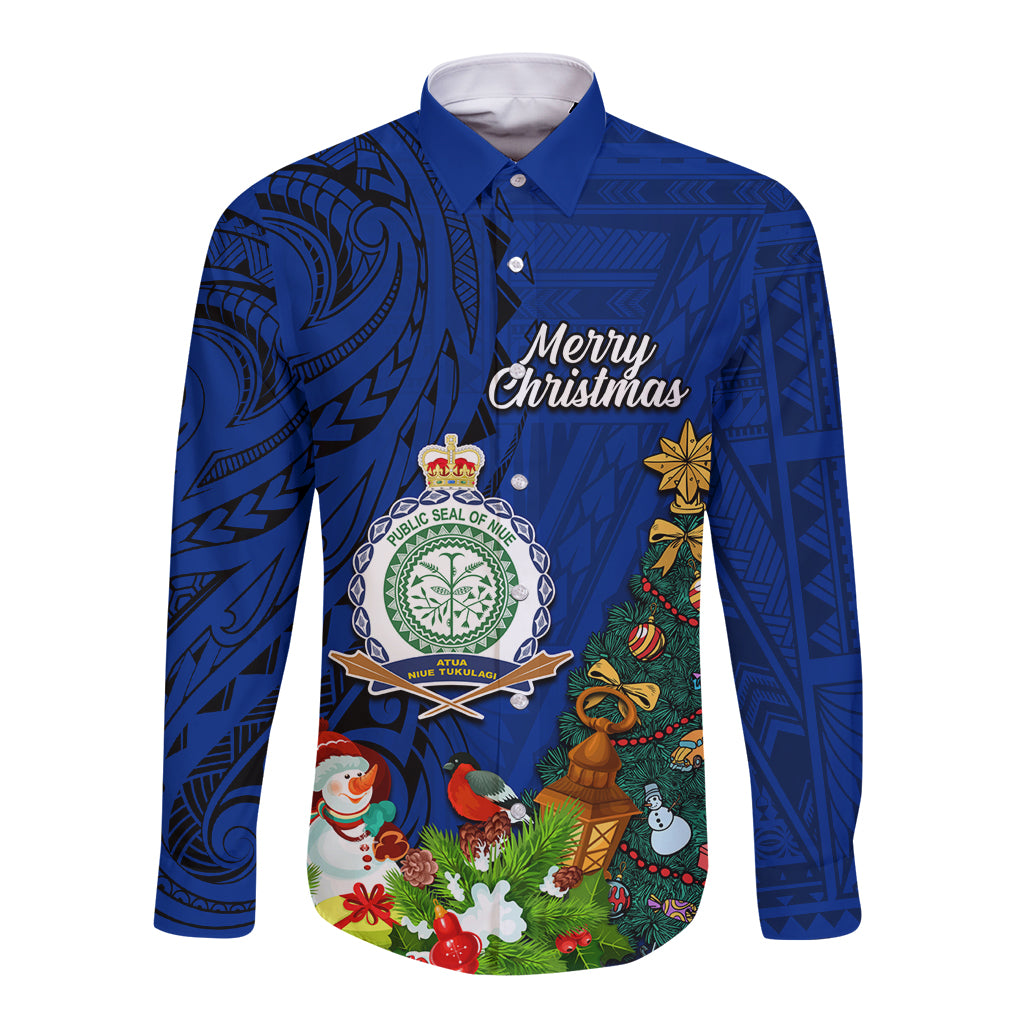 Niue Christmas Long Sleeve Button Shirt Coat of Arms and Polynesian Tattoo Xmas Element Christmas Blue Vibe LT03 Unisex Blue - Polynesian Pride