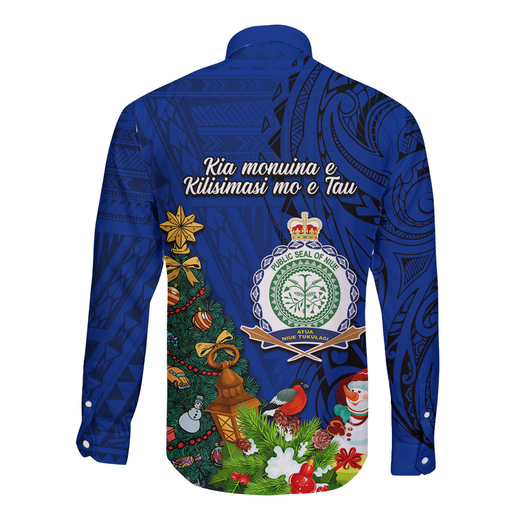 Niue Christmas Long Sleeve Button Shirt Coat of Arms and Polynesian Tattoo Xmas Element Christmas Blue Vibe LT03 - Polynesian Pride