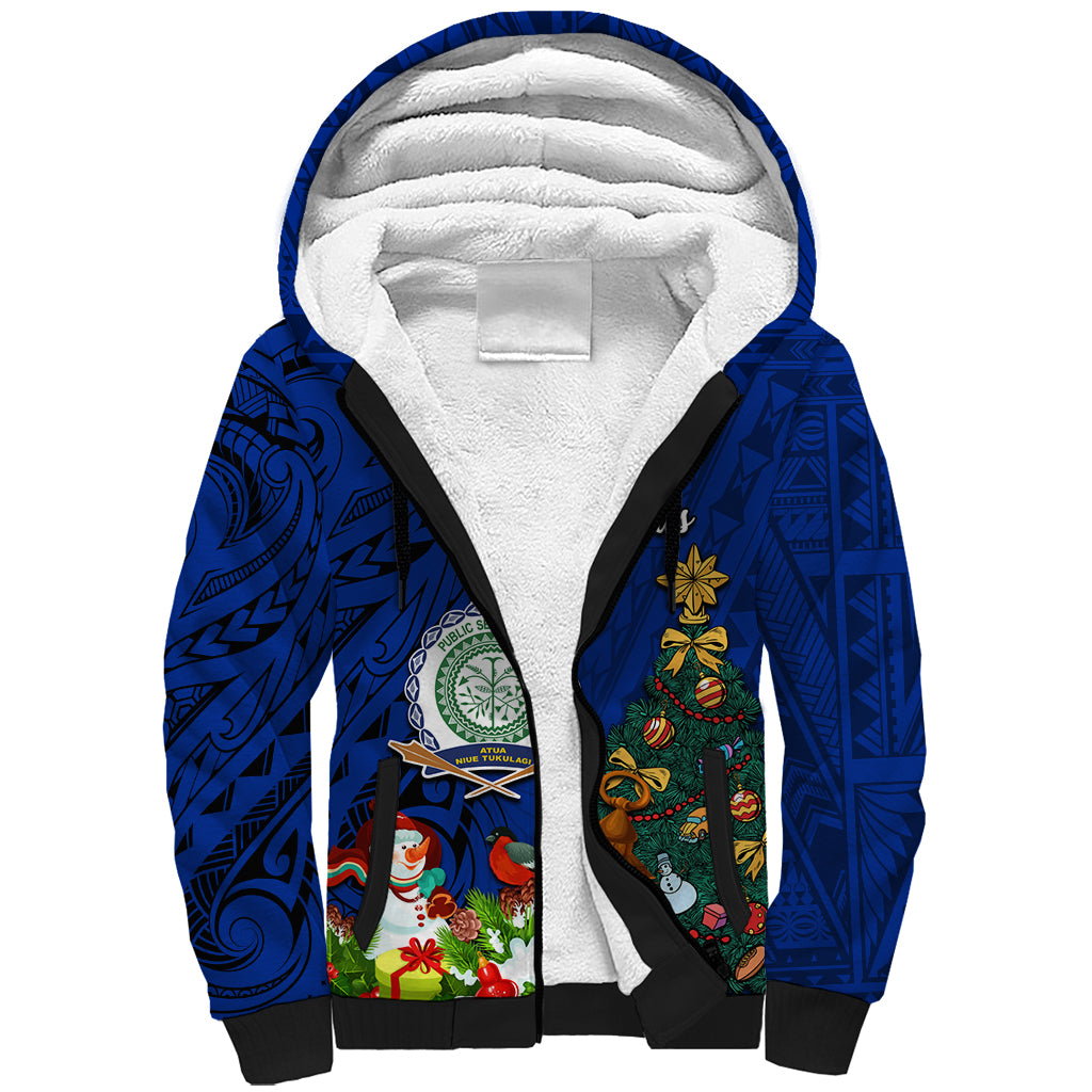 Niue Christmas Sherpa Hoodie Coat of Arms and Polynesian Tattoo Xmas Element Christmas Blue Vibe LT03 Unisex Blue - Polynesian Pride