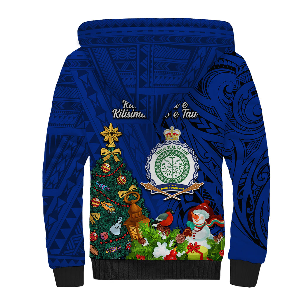 Niue Christmas Sherpa Hoodie Coat of Arms and Polynesian Tattoo Xmas Element Christmas Blue Vibe LT03 - Polynesian Pride