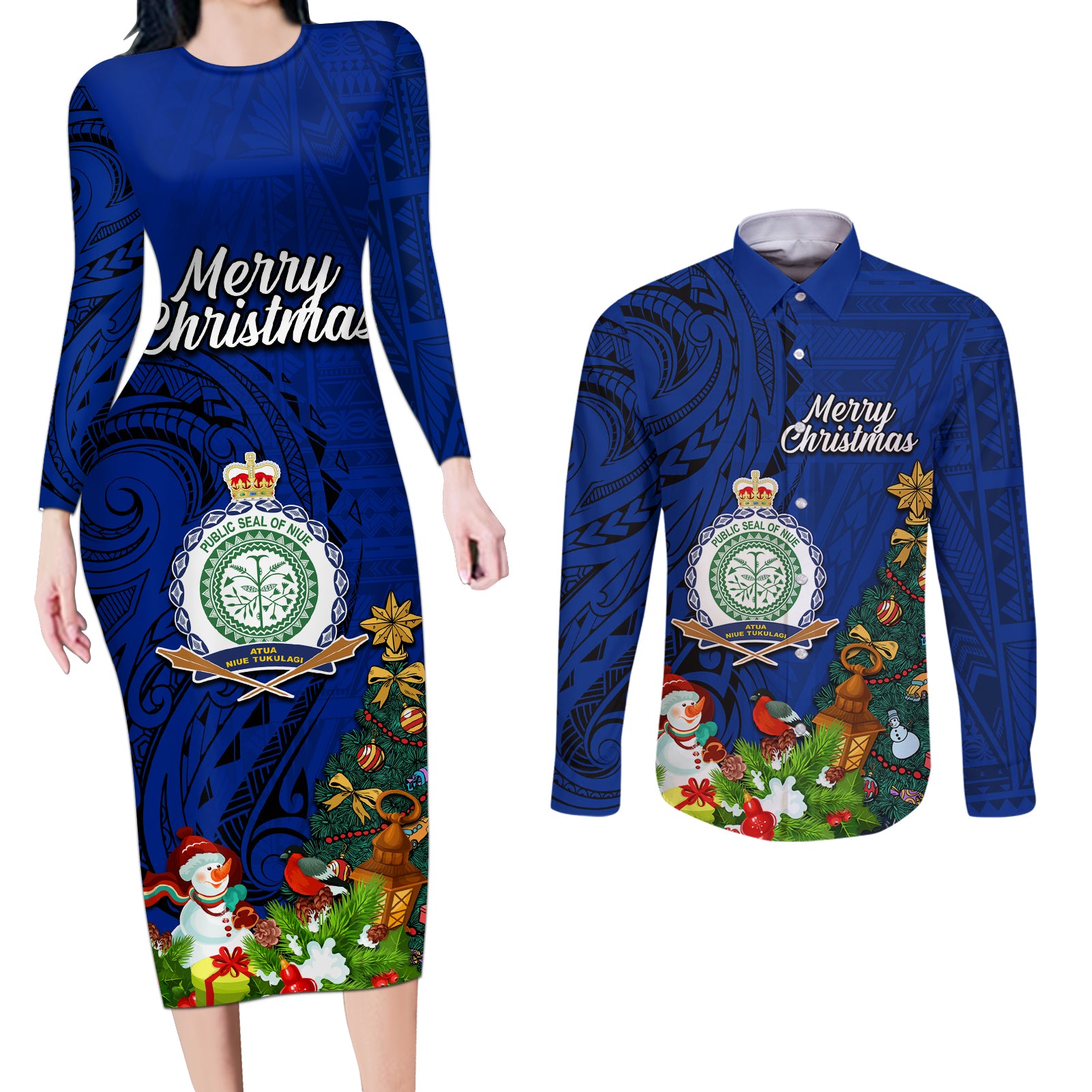 Personalised Niue Christmas Couples Matching Long Sleeve Bodycon Dress and Long Sleeve Button Shirt Coat of Arms and Polynesian Tattoo Xmas Element Christmas Blue Vibe LT03 Blue - Polynesian Pride