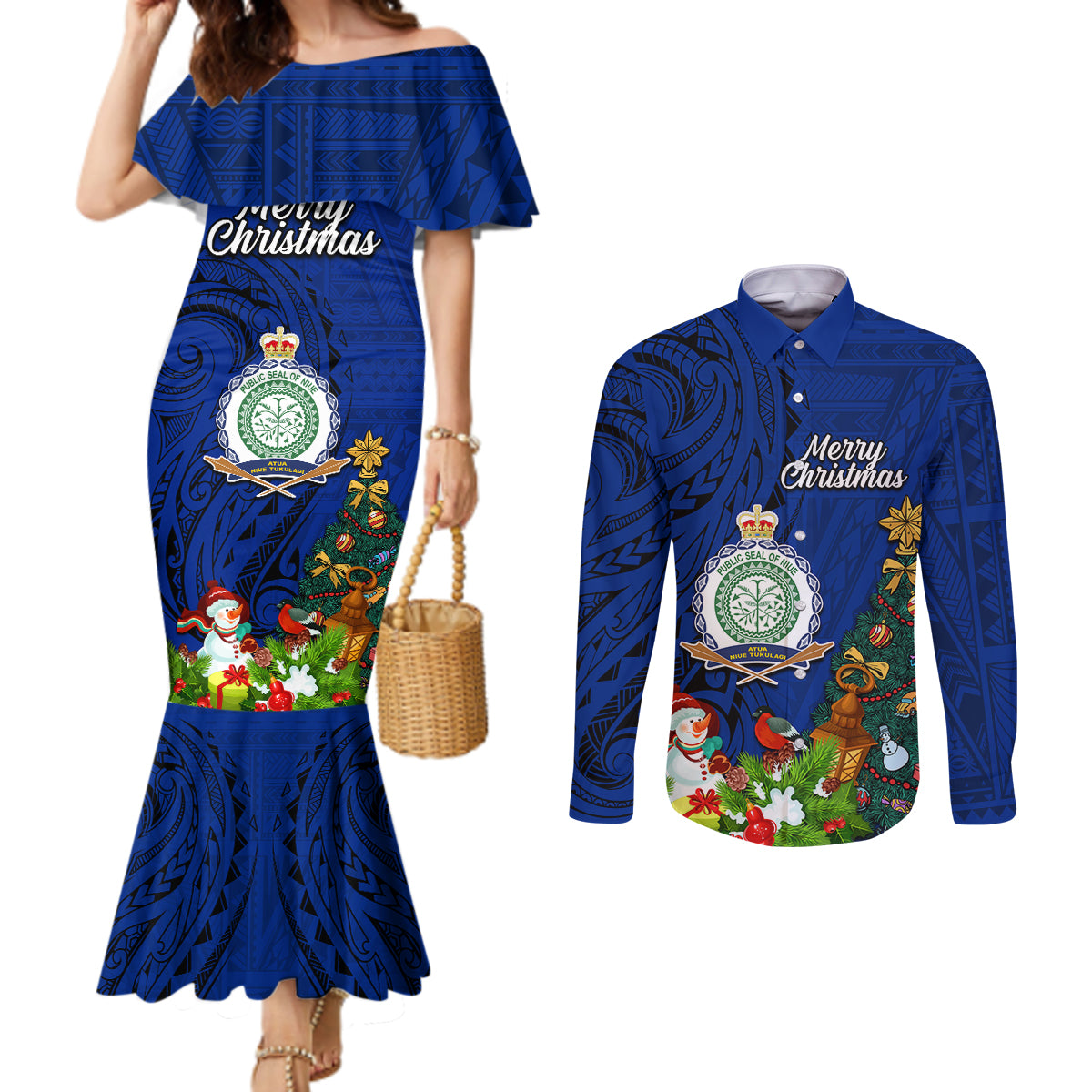 Personalised Niue Christmas Couples Matching Mermaid Dress and Long Sleeve Button Shirt Coat of Arms and Polynesian Tattoo Xmas Element Christmas Blue Vibe LT03 Blue - Polynesian Pride